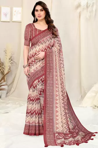Maroon cotton chevron /geometric print tassels saree with unstitched blouse piece