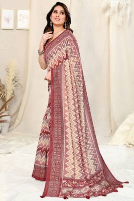 Maroon cotton chevron /geometric print tassels saree with unstitched blouse piece 3