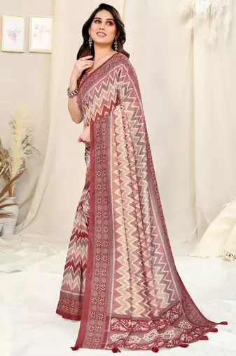 Maroon cotton chevron /geometric print tassels saree with unstitched blouse piece