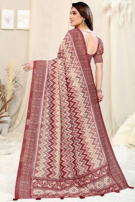 Maroon cotton chevron /geometric print tassels saree with unstitched blouse piece 4