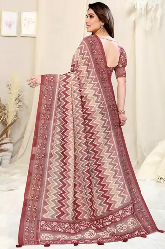 Maroon cotton chevron /geometric print tassels saree with unstitched blouse piece