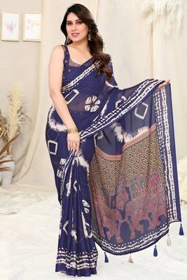 Blue Chiffon Shibori Print/Ethnic Motifs Tassels Saree With Unstitched Blouse Piece 2
