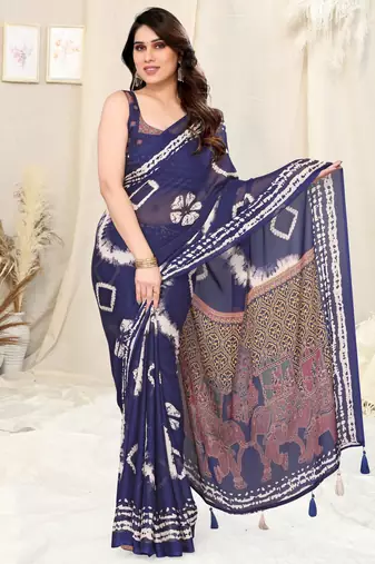Blue Chiffon Shibori Print/Ethnic Motifs Tassels Saree With Unstitched Blouse Piece