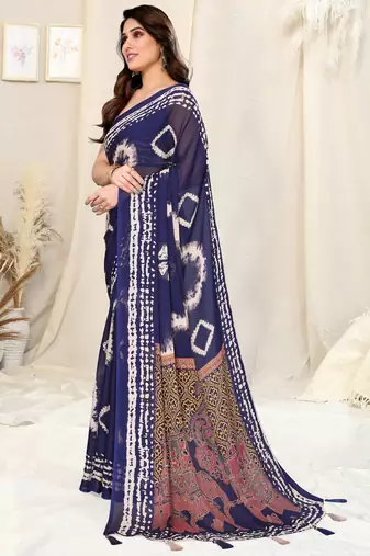 Blue Chiffon Shibori Print/Ethnic Motifs Tassels Saree With Unstitched Blouse Piece