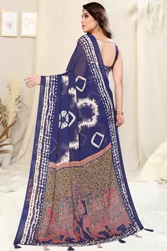 Blue Chiffon Shibori Print/Ethnic Motifs Tassels Saree With Unstitched Blouse Piece