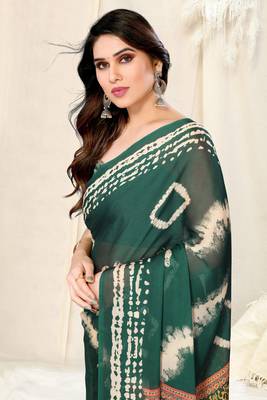 Green Chiffon Shibori Print/Ethnic Motifs Tassels Saree With Unstitched Blouse Piece 1
