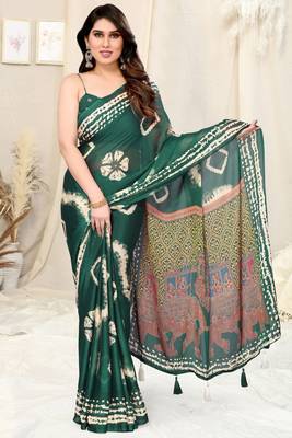 Green Chiffon Shibori Print/Ethnic Motifs Tassels Saree With Unstitched Blouse Piece 2