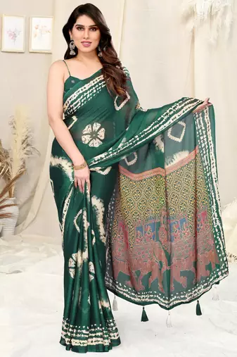 Green Chiffon Shibori Print/Ethnic Motifs Tassels Saree With Unstitched Blouse Piece