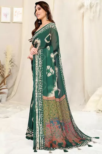 Green Chiffon Shibori Print/Ethnic Motifs Tassels Saree With Unstitched Blouse Piece