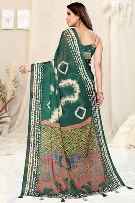 Green Chiffon Shibori Print/Ethnic Motifs Tassels Saree With Unstitched Blouse Piece 4