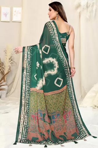 Green Chiffon Shibori Print/Ethnic Motifs Tassels Saree With Unstitched Blouse Piece