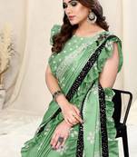 Pista Green Chiffon Batik Print/Block Print Sequence Lace Border Saree With Unstitched Blouse Piece