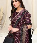 Wine chiffon laheriya print sequence lace border saree with unstitched blouse piece