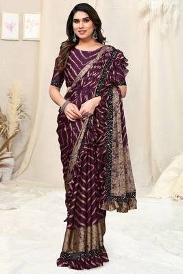 Wine chiffon laheriya print sequence lace border saree with unstitched blouse piece 2