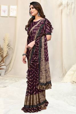 Wine chiffon laheriya print sequence lace border saree with unstitched blouse piece 3