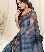 Grey Kota Doria Leaf Print Copper Zari Border Saree With Unstitched Blouse Piece