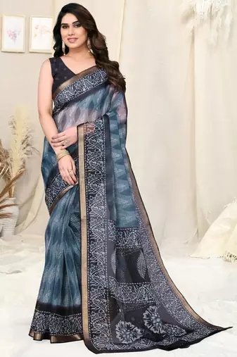 Grey Kota Doria Leaf Print Copper Zari Border Saree With Unstitched Blouse Piece