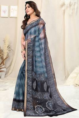 Grey Kota Doria Leaf Print Copper Zari Border Saree With Unstitched Blouse Piece 3