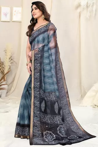 Grey Kota Doria Leaf Print Copper Zari Border Saree With Unstitched Blouse Piece