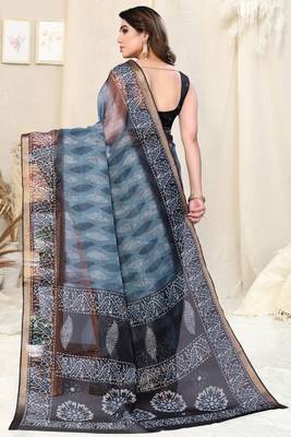 Grey Kota Doria Leaf Print Copper Zari Border Saree With Unstitched Blouse Piece 4