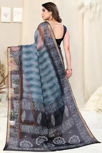Grey Kota Doria Leaf Print Copper Zari Border Saree With Unstitched Blouse Piece