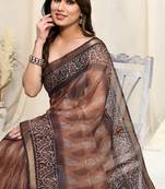 Light Brown Kota Doria Leaf Print Copper Zari Border Saree With Unstitched Blouse Piece