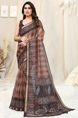 Light Brown Kota Doria Leaf Print Copper Zari Border Saree With Unstitched Blouse Piece 2