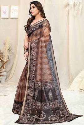 Light Brown Kota Doria Leaf Print Copper Zari Border Saree With Unstitched Blouse Piece 3