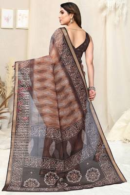 Light Brown Kota Doria Leaf Print Copper Zari Border Saree With Unstitched Blouse Piece 4