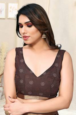 Light Brown Kota Doria Leaf Print Copper Zari Border Saree With Unstitched Blouse Piece 5