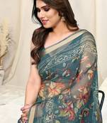 Dusty teal kota doria leaf print/floral print copper zari border saree with unstitched blouse piece