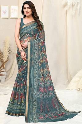 Dusty teal kota doria leaf print/floral print copper zari border saree with unstitched blouse piece 2