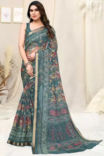 Dusty teal kota doria leaf print/floral print copper zari border saree with unstitched blouse piece