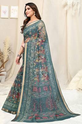 Dusty teal kota doria leaf print/floral print copper zari border saree with unstitched blouse piece 3