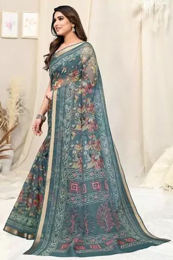 Dusty teal kota doria leaf print/floral print copper zari border saree with unstitched blouse piece