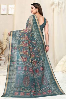 Dusty teal kota doria leaf print/floral print copper zari border saree with unstitched blouse piece 4