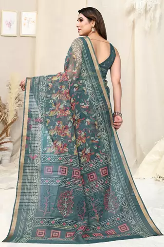 Dusty teal kota doria leaf print/floral print copper zari border saree with unstitched blouse piece