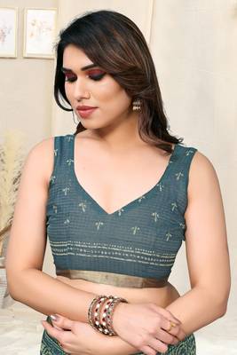 Dusty teal kota doria leaf print/floral print copper zari border saree with unstitched blouse piece 5