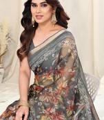 Grey kota doria leaf print/floral print copper zari border saree with unstitched blouse piece