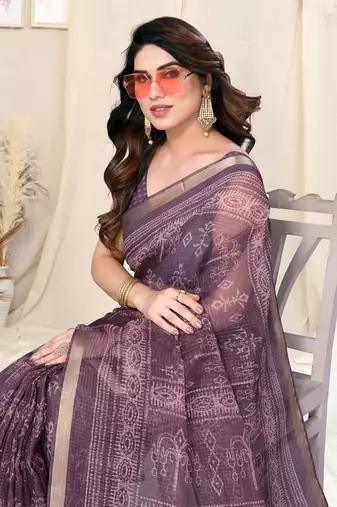 Wine kota doria block print copper zari border saree with unstitched blouse piece