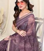 Wine kota doria block print copper zari border saree with unstitched blouse piece