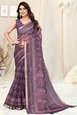 Wine kota doria block print copper zari border saree with unstitched blouse piece 2