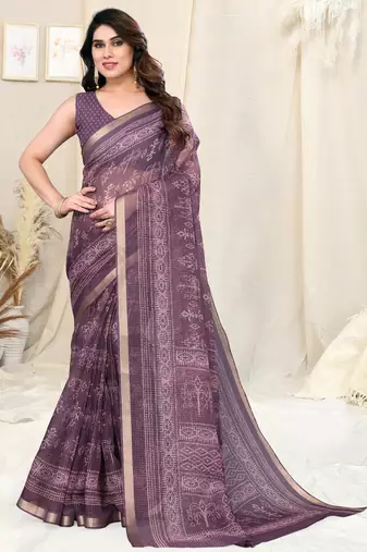 Wine kota doria block print copper zari border saree with unstitched blouse piece