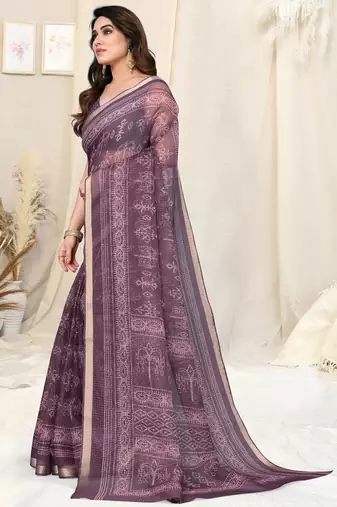 Wine kota doria block print copper zari border saree with unstitched blouse piece