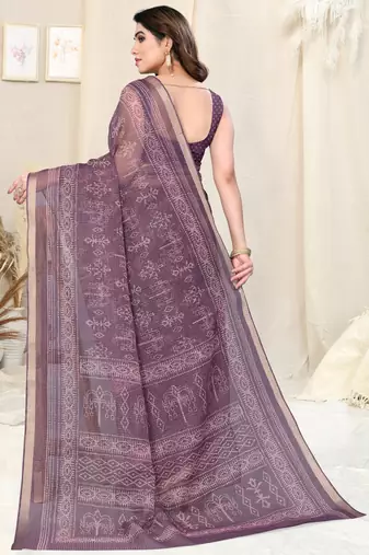 Wine kota doria block print copper zari border saree with unstitched blouse piece