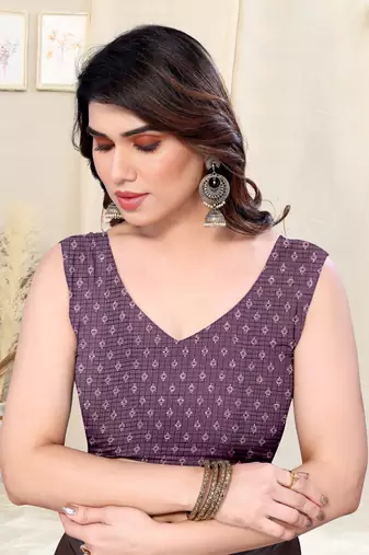 Wine kota doria block print copper zari border saree with unstitched blouse piece