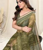 Olive Green Kota Doria Block Print Copper Zari Border Saree With Unstitched Blouse Piece