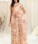 Cream Organza Floral Print Woven Border Saree With Unstitched Blouse Piece