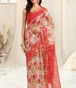 Off white kota doria floral print copper zari border saree with unstitched blouse piece