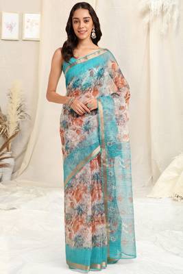 Off white kota doria floral print copper zari border saree with unstitched blouse piece 1